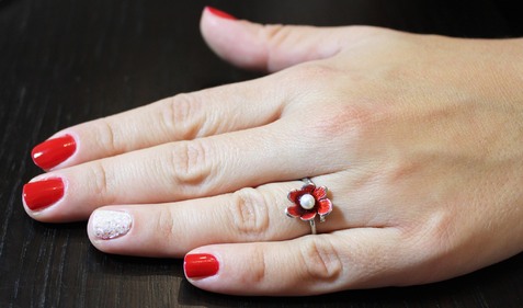Ασημένιο χειροποίητο δαχτυλίδι λουλούδι κόκκινο με σμάλτο (ΜΔ206Κ)