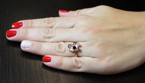 Ασημένιο χειροποίητο δαχτυλίδι λουλούδι επίχρυσο ροζ χρυσό πέτρα  (ΜΔ206G)